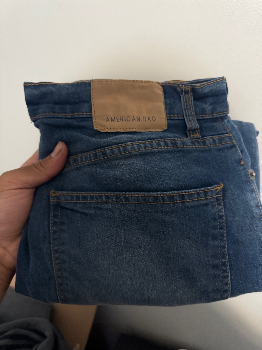 American Rag Straight Fit Dark Blue Denim Jeans with Tan Patch